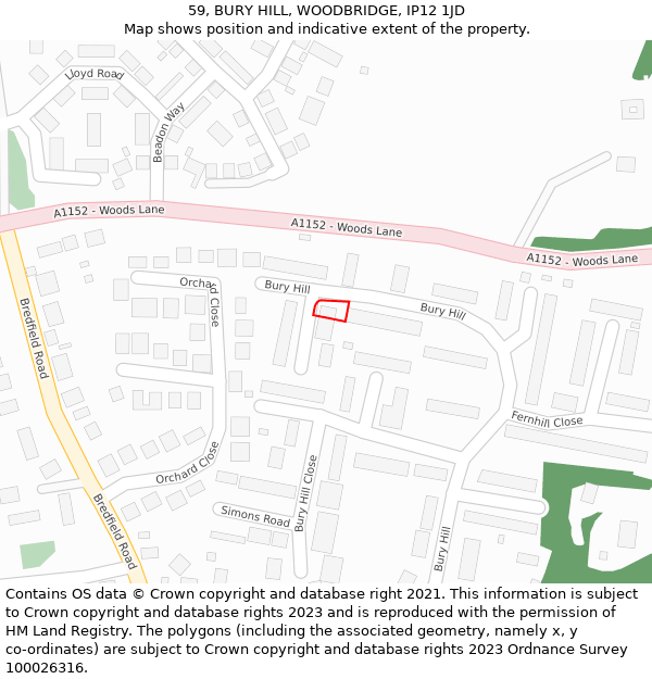 59, BURY HILL, WOODBRIDGE, IP12 1JD: Location map and indicative extent of plot