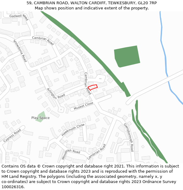 59, CAMBRIAN ROAD, WALTON CARDIFF, TEWKESBURY, GL20 7RP: Location map and indicative extent of plot