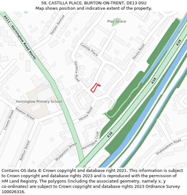 59, CASTILLA PLACE, BURTON-ON-TRENT, DE13 0SU: Location map and indicative extent of plot