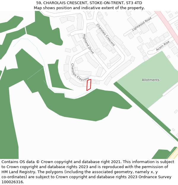 59, CHAROLAIS CRESCENT, STOKE-ON-TRENT, ST3 4TD: Location map and indicative extent of plot