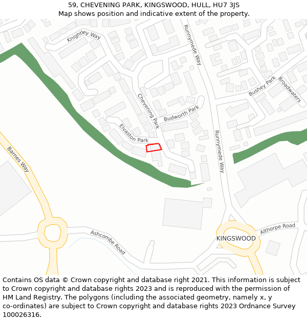 59, CHEVENING PARK, KINGSWOOD, HULL, HU7 3JS: Location map and indicative extent of plot