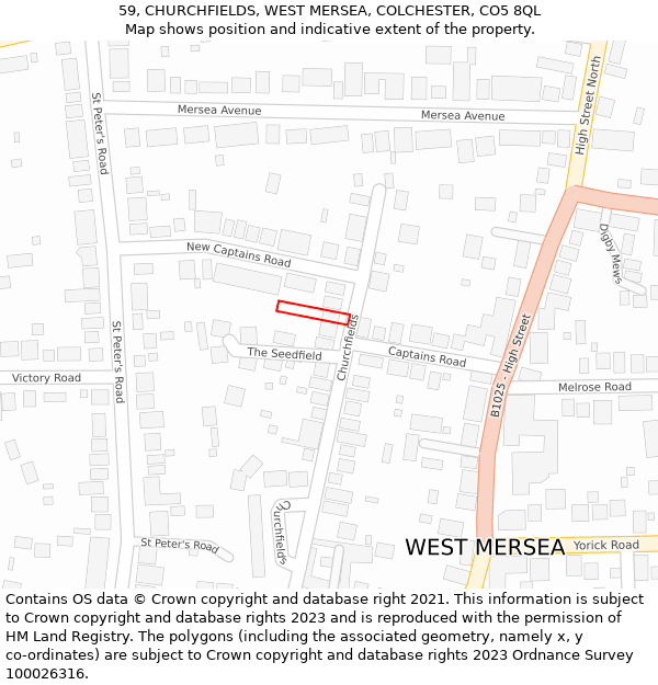 59, CHURCHFIELDS, WEST MERSEA, COLCHESTER, CO5 8QL: Location map and indicative extent of plot