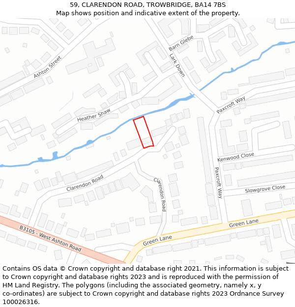 59, CLARENDON ROAD, TROWBRIDGE, BA14 7BS: Location map and indicative extent of plot