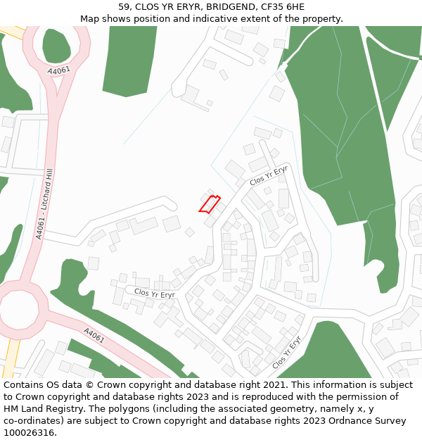 59, CLOS YR ERYR, BRIDGEND, CF35 6HE: Location map and indicative extent of plot