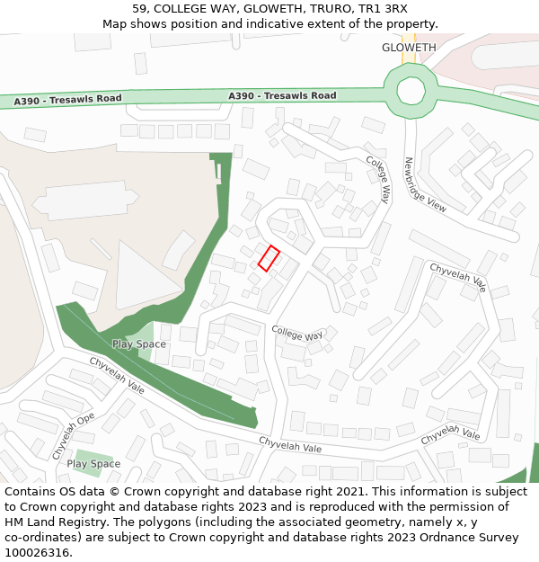 59, COLLEGE WAY, GLOWETH, TRURO, TR1 3RX: Location map and indicative extent of plot