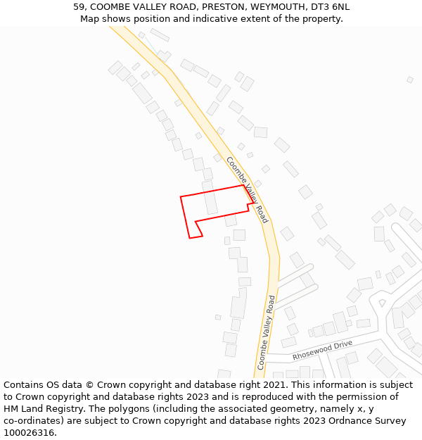 59, COOMBE VALLEY ROAD, PRESTON, WEYMOUTH, DT3 6NL: Location map and indicative extent of plot