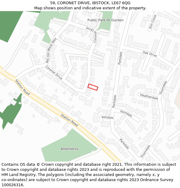 59, CORONET DRIVE, IBSTOCK, LE67 6QG: Location map and indicative extent of plot