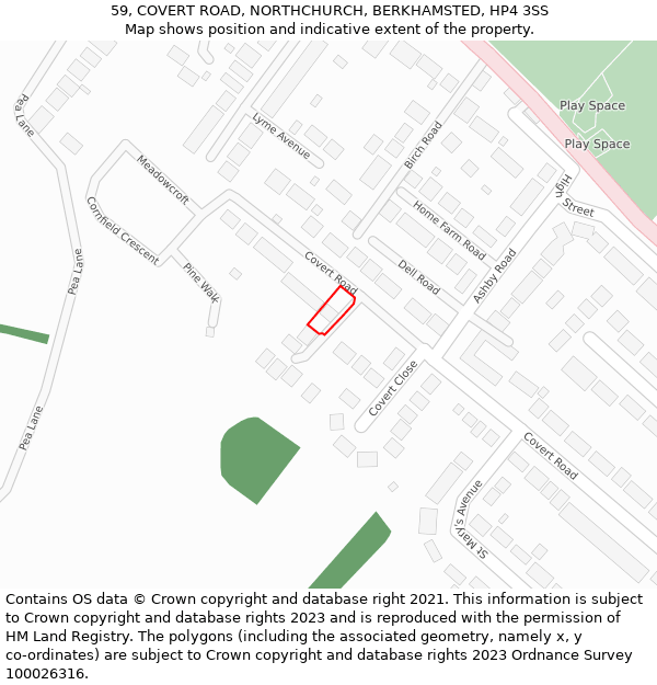 59, COVERT ROAD, NORTHCHURCH, BERKHAMSTED, HP4 3SS: Location map and indicative extent of plot