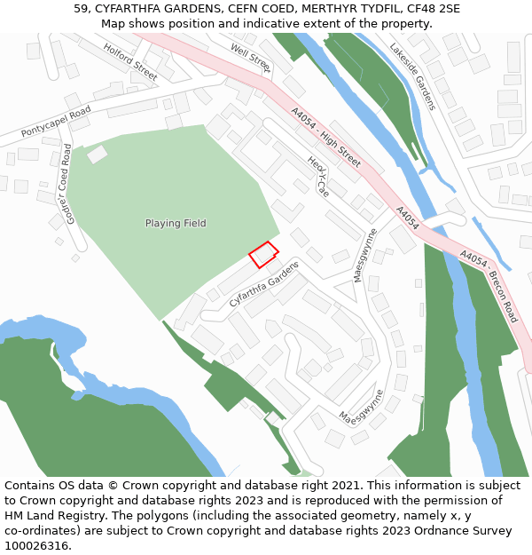 59, CYFARTHFA GARDENS, CEFN COED, MERTHYR TYDFIL, CF48 2SE: Location map and indicative extent of plot