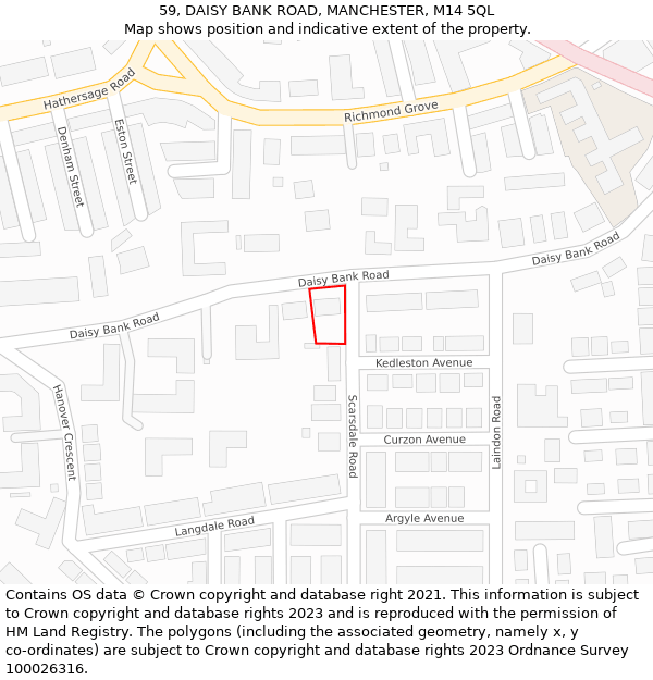 59, DAISY BANK ROAD, MANCHESTER, M14 5QL: Location map and indicative extent of plot