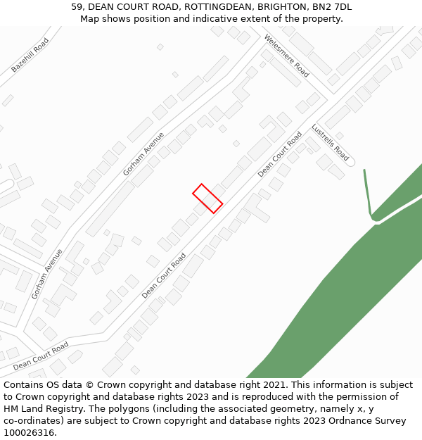 59, DEAN COURT ROAD, ROTTINGDEAN, BRIGHTON, BN2 7DL: Location map and indicative extent of plot
