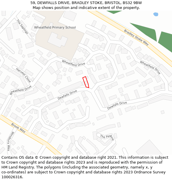 59, DEWFALLS DRIVE, BRADLEY STOKE, BRISTOL, BS32 9BW: Location map and indicative extent of plot