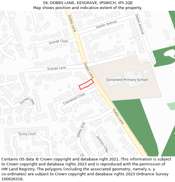 59, DOBBS LANE, KESGRAVE, IPSWICH, IP5 2QE: Location map and indicative extent of plot