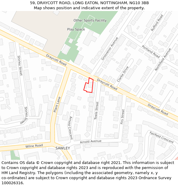 59, DRAYCOTT ROAD, LONG EATON, NOTTINGHAM, NG10 3BB: Location map and indicative extent of plot