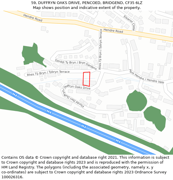 59, DUFFRYN OAKS DRIVE, PENCOED, BRIDGEND, CF35 6LZ: Location map and indicative extent of plot