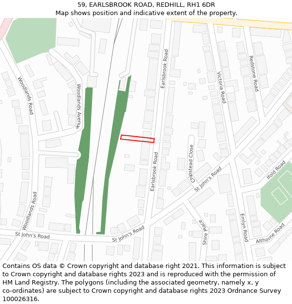 59, EARLSBROOK ROAD, REDHILL, RH1 6DR: Location map and indicative extent of plot