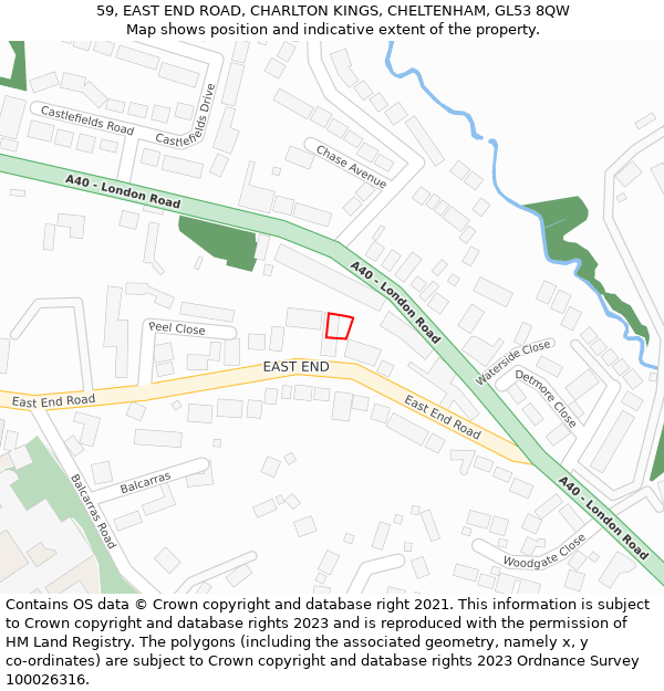 59, EAST END ROAD, CHARLTON KINGS, CHELTENHAM, GL53 8QW: Location map and indicative extent of plot