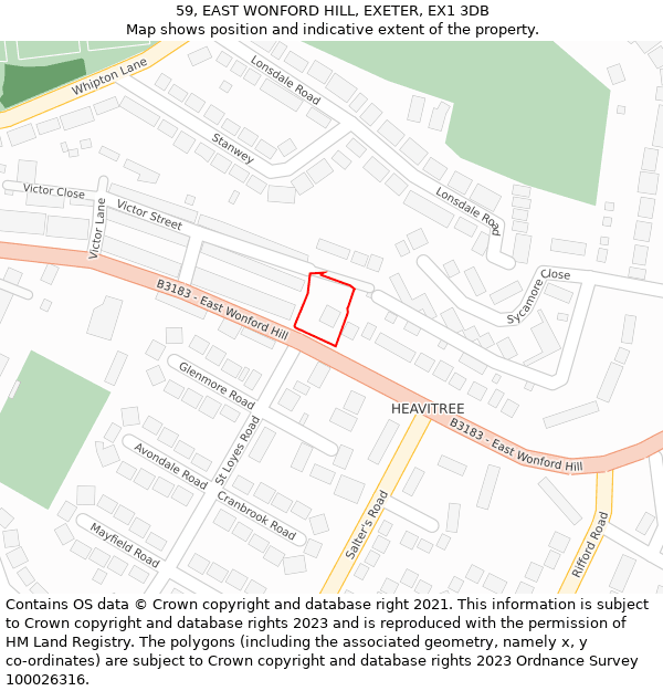 59, EAST WONFORD HILL, EXETER, EX1 3DB: Location map and indicative extent of plot