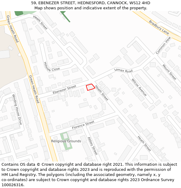 59, EBENEZER STREET, HEDNESFORD, CANNOCK, WS12 4HD: Location map and indicative extent of plot