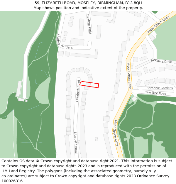 59, ELIZABETH ROAD, MOSELEY, BIRMINGHAM, B13 8QH: Location map and indicative extent of plot