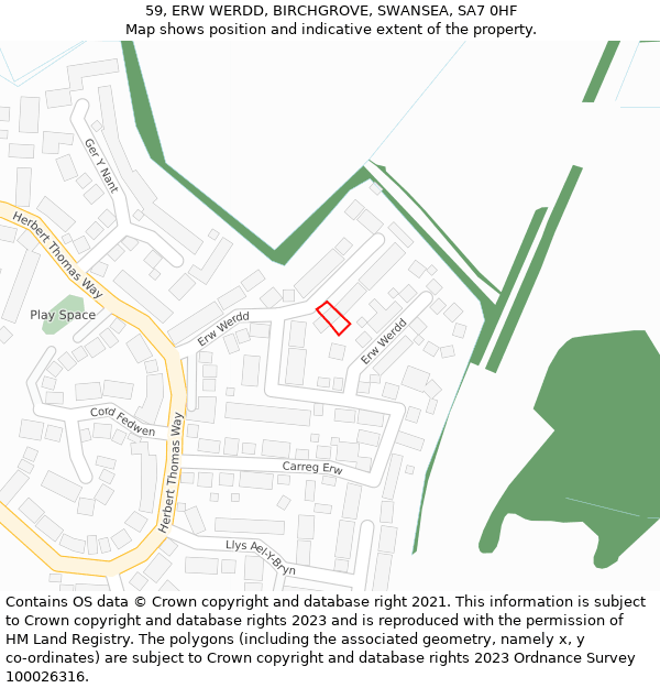 59, ERW WERDD, BIRCHGROVE, SWANSEA, SA7 0HF: Location map and indicative extent of plot