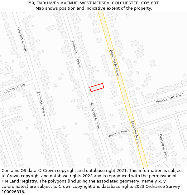 59, FAIRHAVEN AVENUE, WEST MERSEA, COLCHESTER, CO5 8BT: Location map and indicative extent of plot