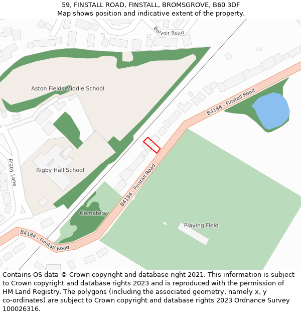 59, FINSTALL ROAD, FINSTALL, BROMSGROVE, B60 3DF: Location map and indicative extent of plot