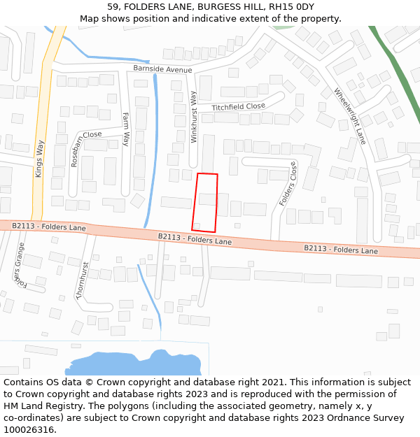 59, FOLDERS LANE, BURGESS HILL, RH15 0DY: Location map and indicative extent of plot