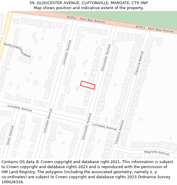 59, GLOUCESTER AVENUE, CLIFTONVILLE, MARGATE, CT9 3NP: Location map and indicative extent of plot