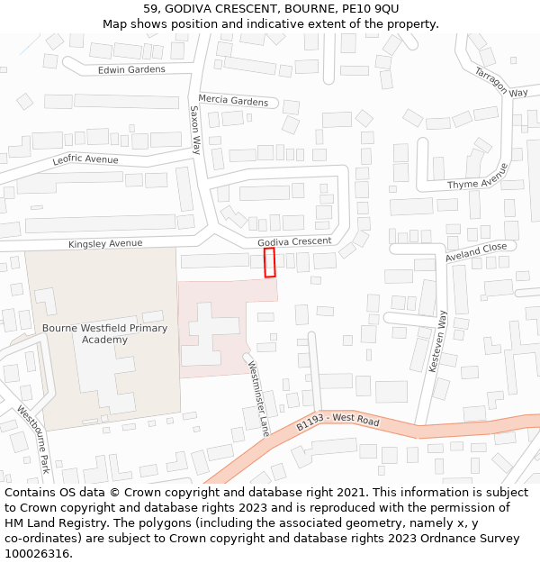 59, GODIVA CRESCENT, BOURNE, PE10 9QU: Location map and indicative extent of plot