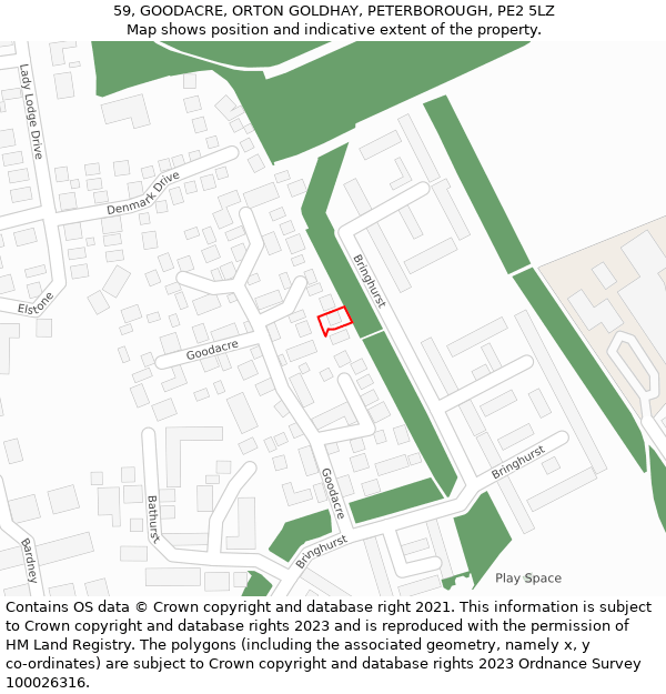 59, GOODACRE, ORTON GOLDHAY, PETERBOROUGH, PE2 5LZ: Location map and indicative extent of plot