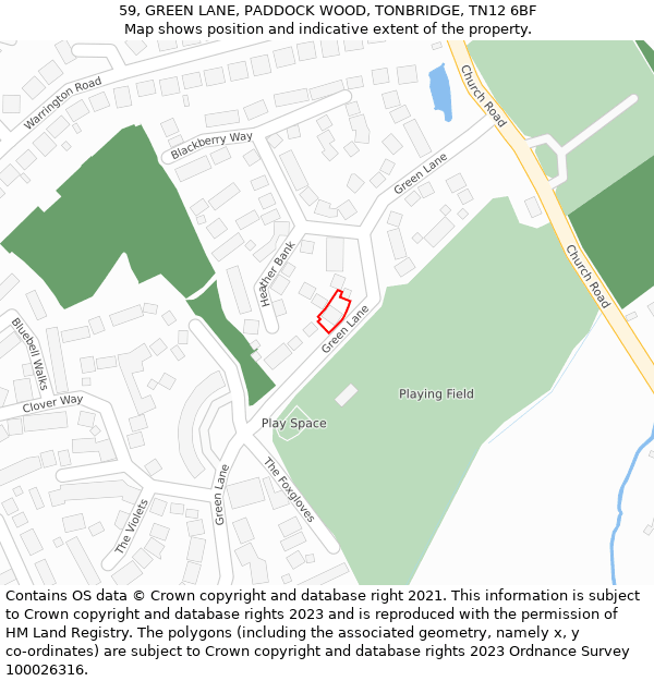 59, GREEN LANE, PADDOCK WOOD, TONBRIDGE, TN12 6BF: Location map and indicative extent of plot