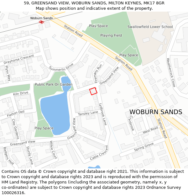 59, GREENSAND VIEW, WOBURN SANDS, MILTON KEYNES, MK17 8GR: Location map and indicative extent of plot