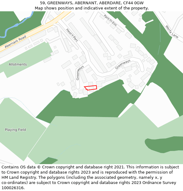 59, GREENWAYS, ABERNANT, ABERDARE, CF44 0GW: Location map and indicative extent of plot