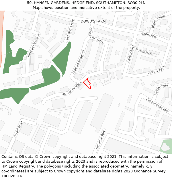 59, HANSEN GARDENS, HEDGE END, SOUTHAMPTON, SO30 2LN: Location map and indicative extent of plot