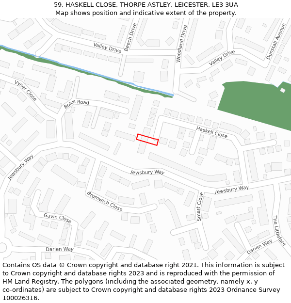 59, HASKELL CLOSE, THORPE ASTLEY, LEICESTER, LE3 3UA: Location map and indicative extent of plot