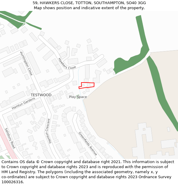 59, HAWKERS CLOSE, TOTTON, SOUTHAMPTON, SO40 3GG: Location map and indicative extent of plot