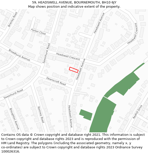 59, HEADSWELL AVENUE, BOURNEMOUTH, BH10 6JY: Location map and indicative extent of plot