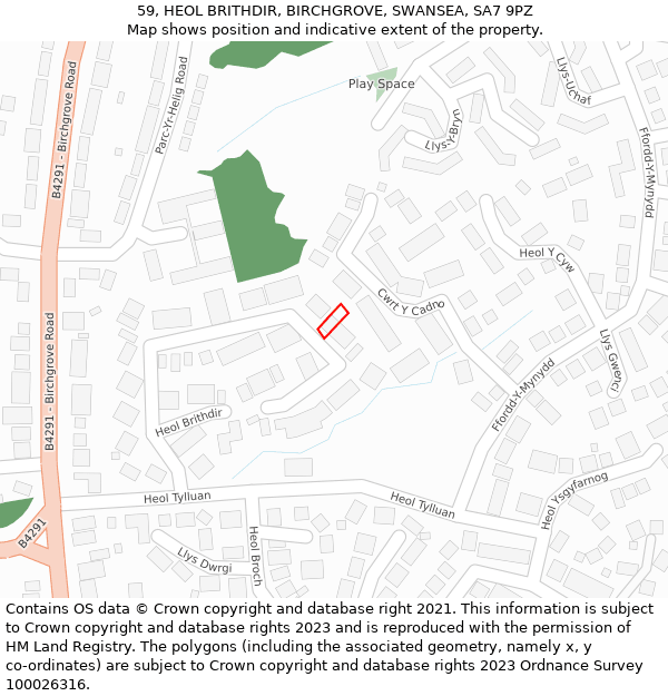 59, HEOL BRITHDIR, BIRCHGROVE, SWANSEA, SA7 9PZ: Location map and indicative extent of plot