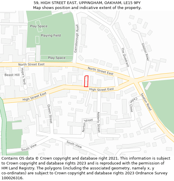 59, HIGH STREET EAST, UPPINGHAM, OAKHAM, LE15 9PY: Location map and indicative extent of plot