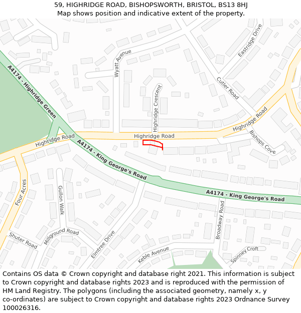 59, HIGHRIDGE ROAD, BISHOPSWORTH, BRISTOL, BS13 8HJ: Location map and indicative extent of plot