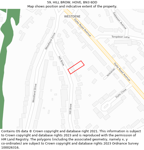 59, HILL BROW, HOVE, BN3 6DD: Location map and indicative extent of plot