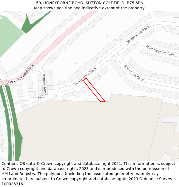 59, HONEYBORNE ROAD, SUTTON COLDFIELD, B75 6BN: Location map and indicative extent of plot