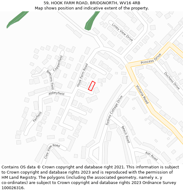 59, HOOK FARM ROAD, BRIDGNORTH, WV16 4RB: Location map and indicative extent of plot