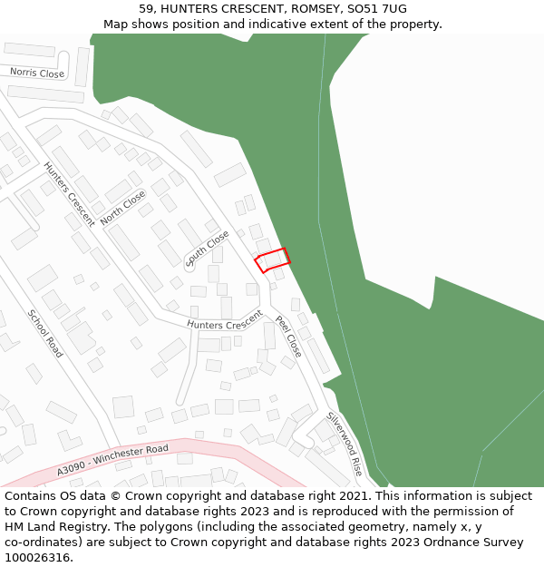 59, HUNTERS CRESCENT, ROMSEY, SO51 7UG: Location map and indicative extent of plot