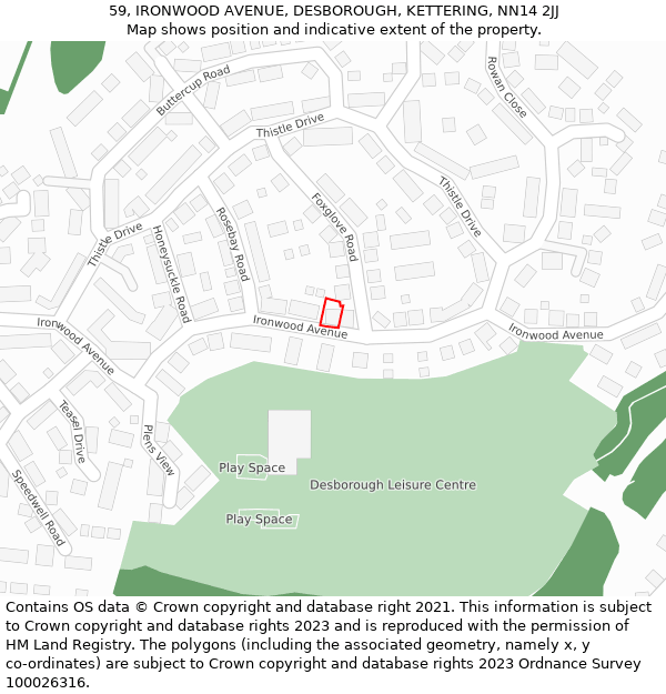 59, IRONWOOD AVENUE, DESBOROUGH, KETTERING, NN14 2JJ: Location map and indicative extent of plot