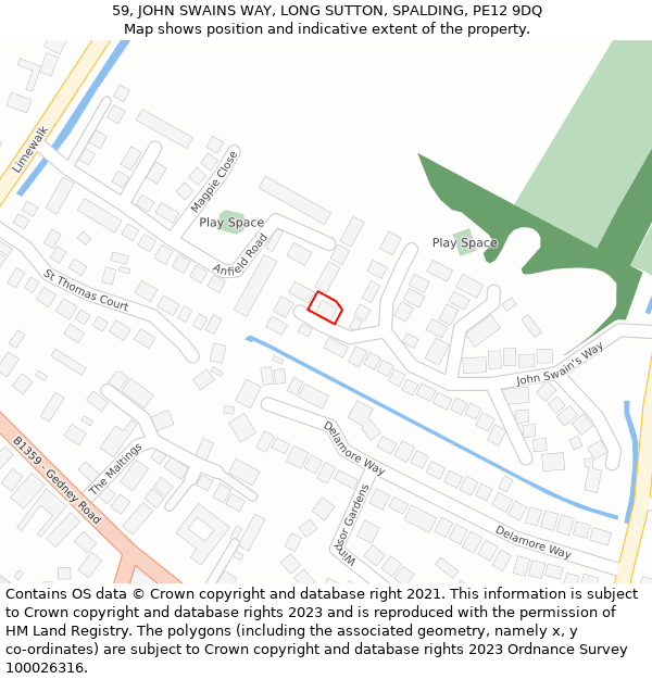 59, JOHN SWAINS WAY, LONG SUTTON, SPALDING, PE12 9DQ: Location map and indicative extent of plot