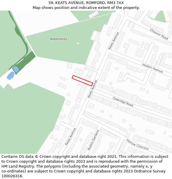 59, KEATS AVENUE, ROMFORD, RM3 7AX: Location map and indicative extent of plot