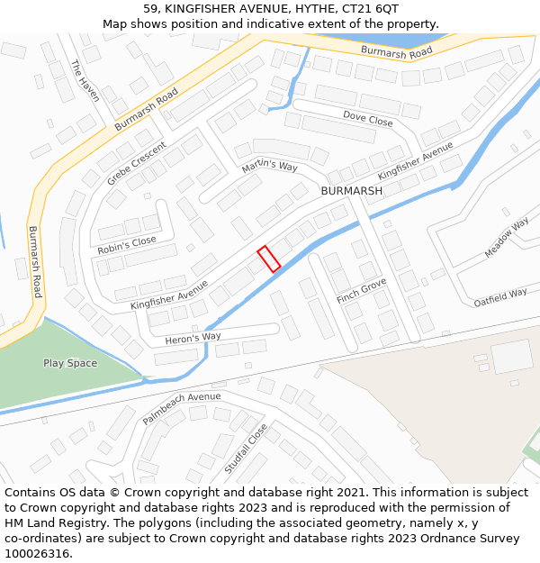 59, KINGFISHER AVENUE, HYTHE, CT21 6QT: Location map and indicative extent of plot