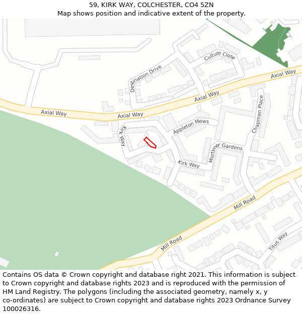 59, KIRK WAY, COLCHESTER, CO4 5ZN: Location map and indicative extent of plot